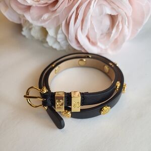 Rustic Cuff Black Leather Double Wrap Bracelet Studs Buckle Closure Goldtone
